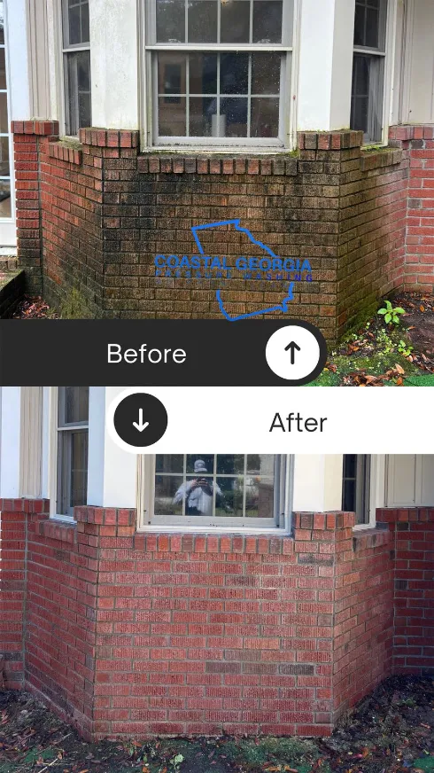 Two pictures of a brick house before and after cleaning.
