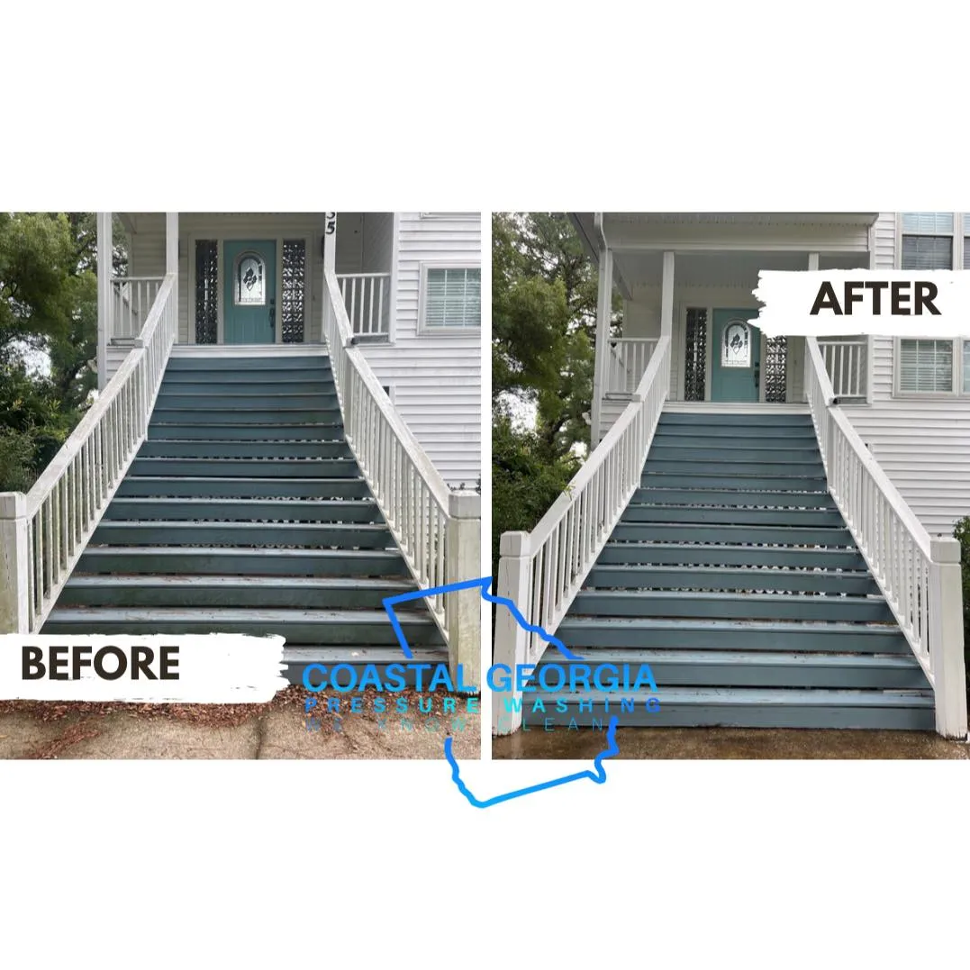 House with blue steps Before and After washing 